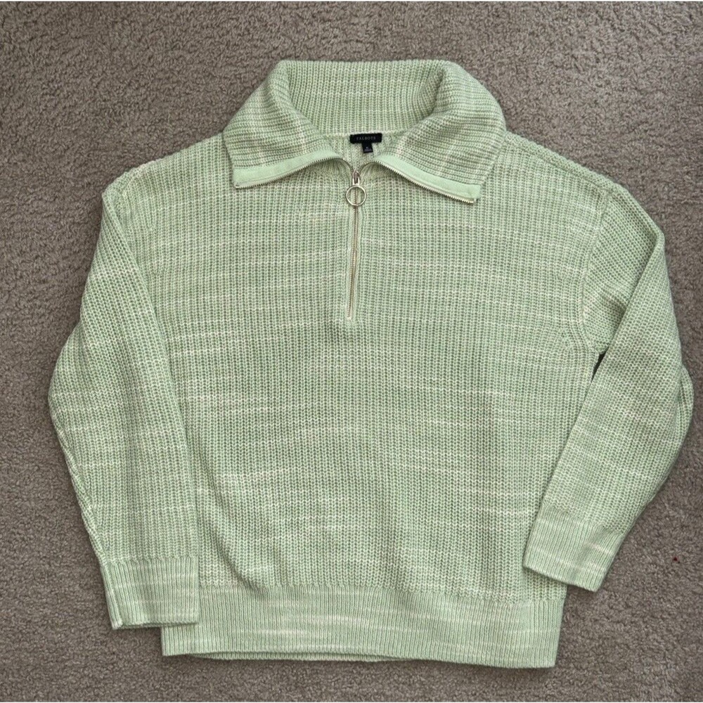 Talbots Chunky Ribbed Half Zip Sweater Light Green Cotton Blend XL